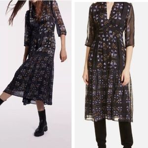 BA&SH / NWT Haline Robe Black Floral Midi Dress in Nuit Sz L